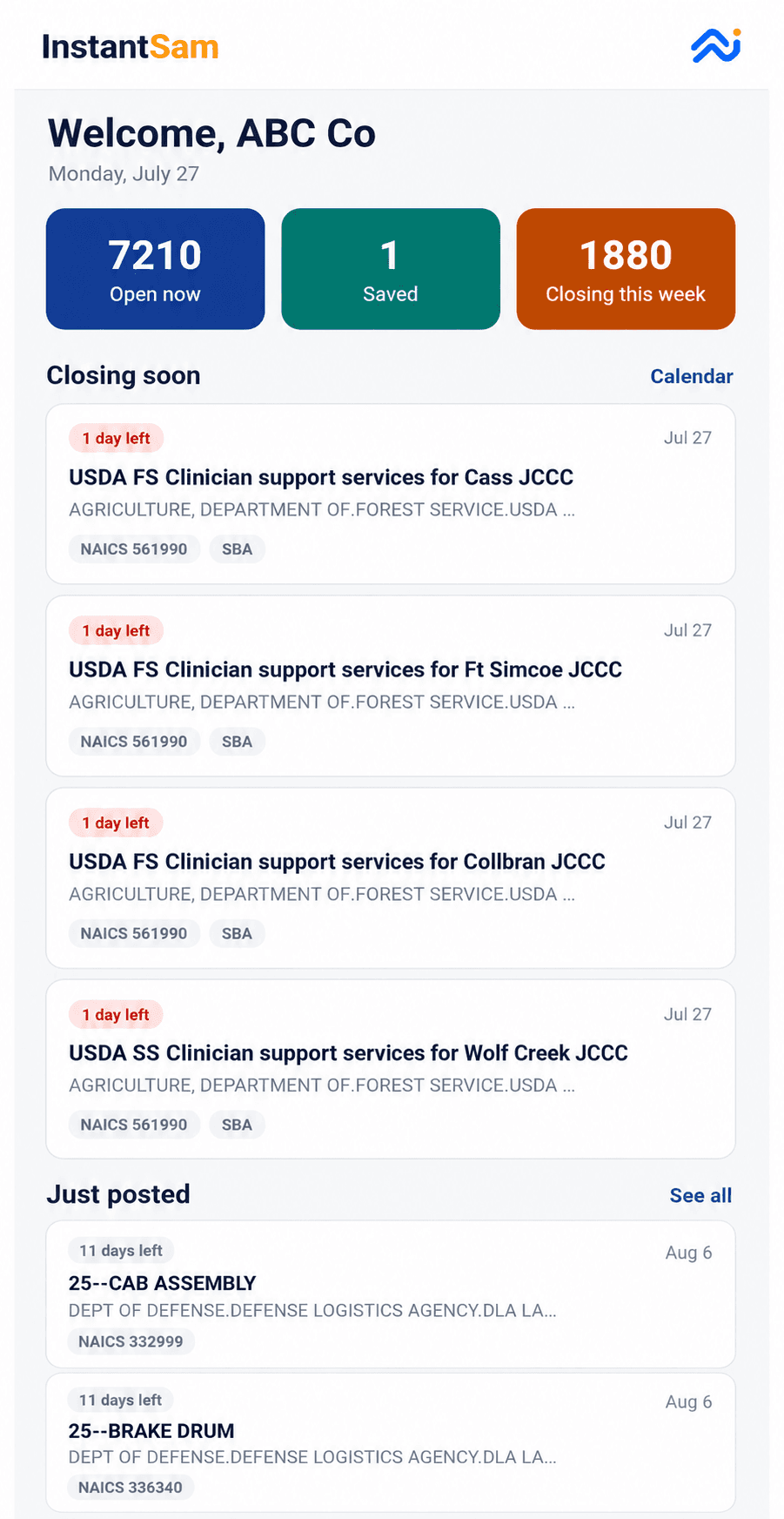 The InstantSam dashboard showing open opportunities and deadlines
